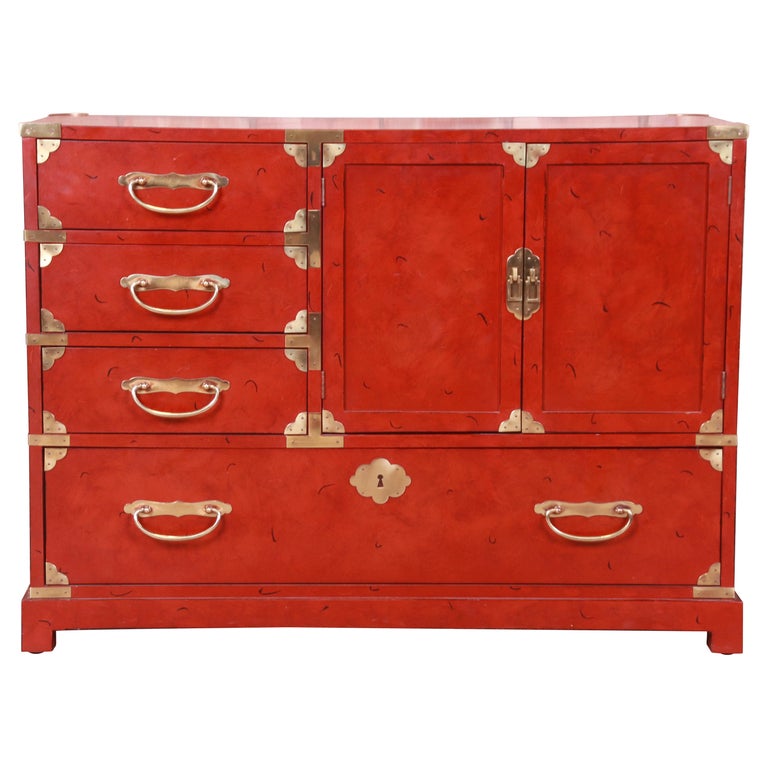 Century Furniture Hollywood Regency Chinoiserie Red Lacquered Commode, 1970s For Sale