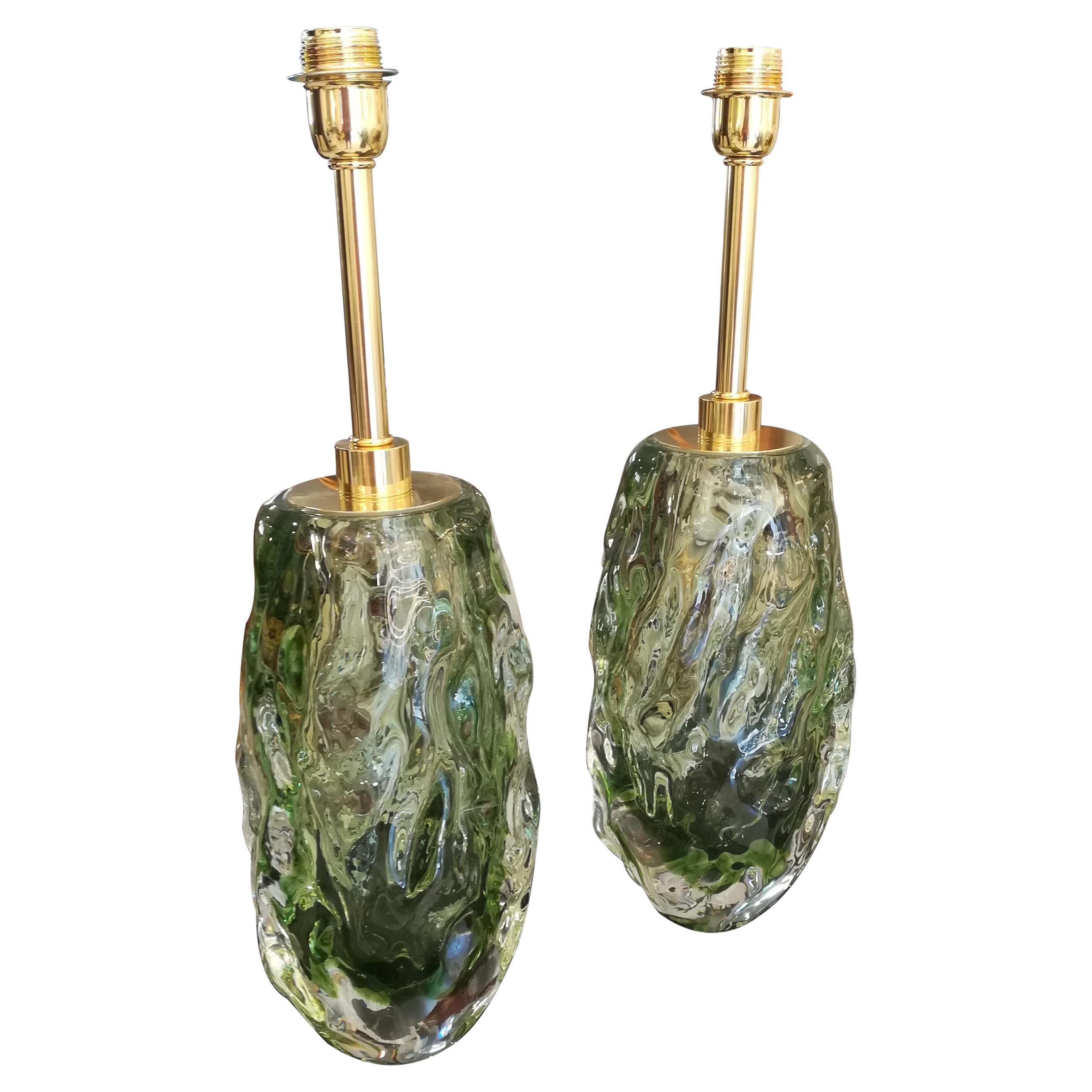 Pair of Italian Table Lamps in Light Green Murano Glass For Sale