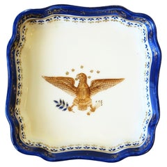 Vintage Federal Design Blue Gold White Porcelain Jewelry or Trinket Dish with Eagle Bird