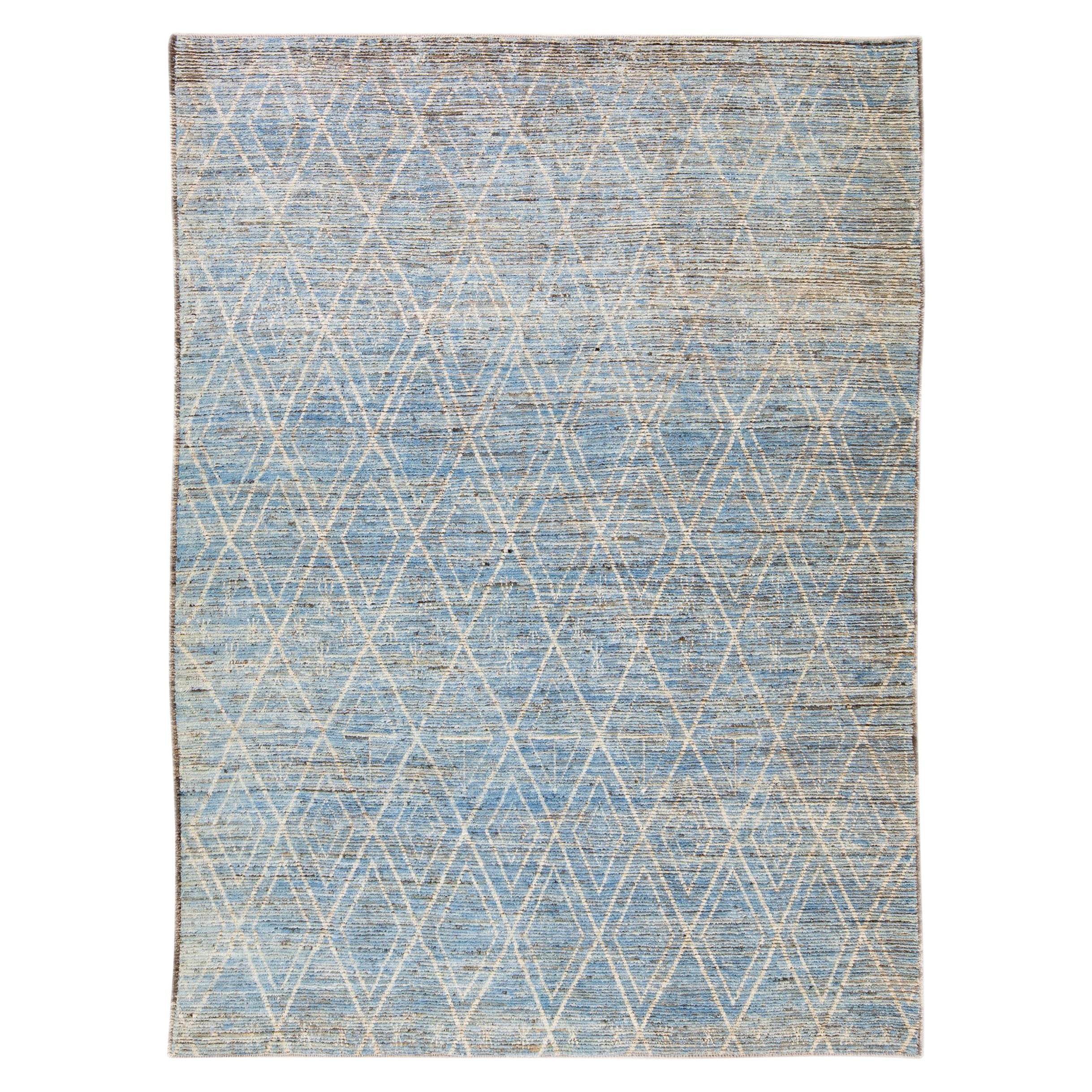 Modern Blue Moroccan Style Handmade Geometric Motif Boho Chic Wool Rug For Sale