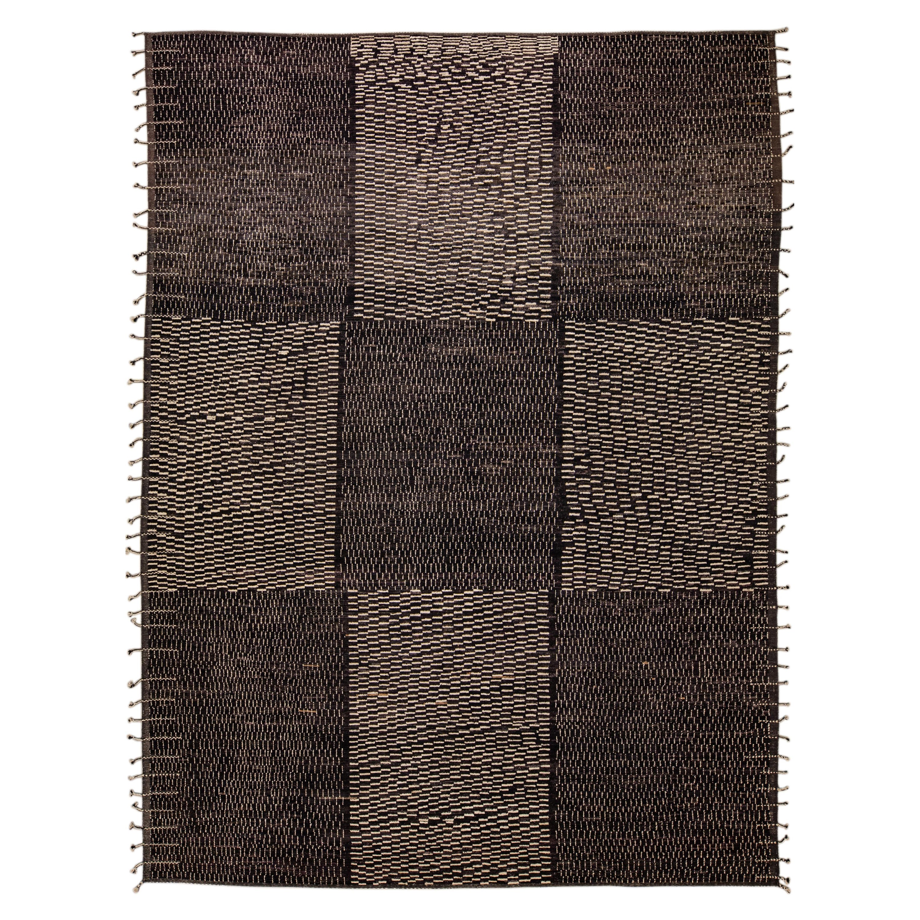 Black Modern Moroccan Style Handmade Check Flecked Motif Oversize Wool Rug For Sale