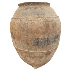18th Century Spanish Olive Jar with Black Design and Plastering Whitewash