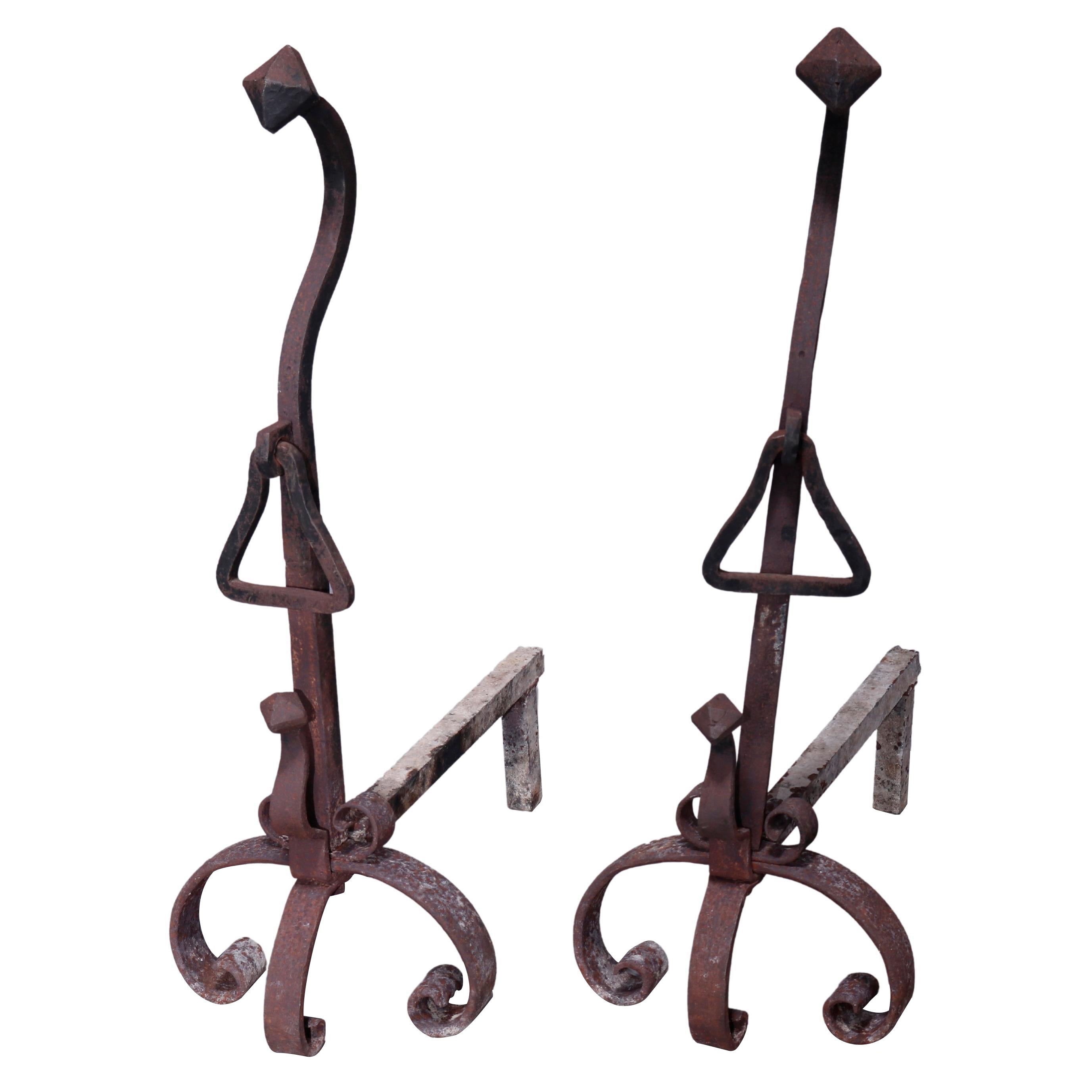 Antique Large Arts & Crafts Yellin School Wrought Iron Andirons, Circa 1900