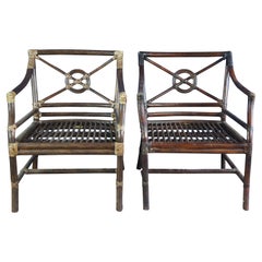 2 McGuire Chinese Chippendale Target Back Bamboo Rattan Game Lounge Arm Chairs 