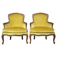 Baker French Louis XV Walnut Serpentine Bergere Club Lounge Arm Chairs Velvet