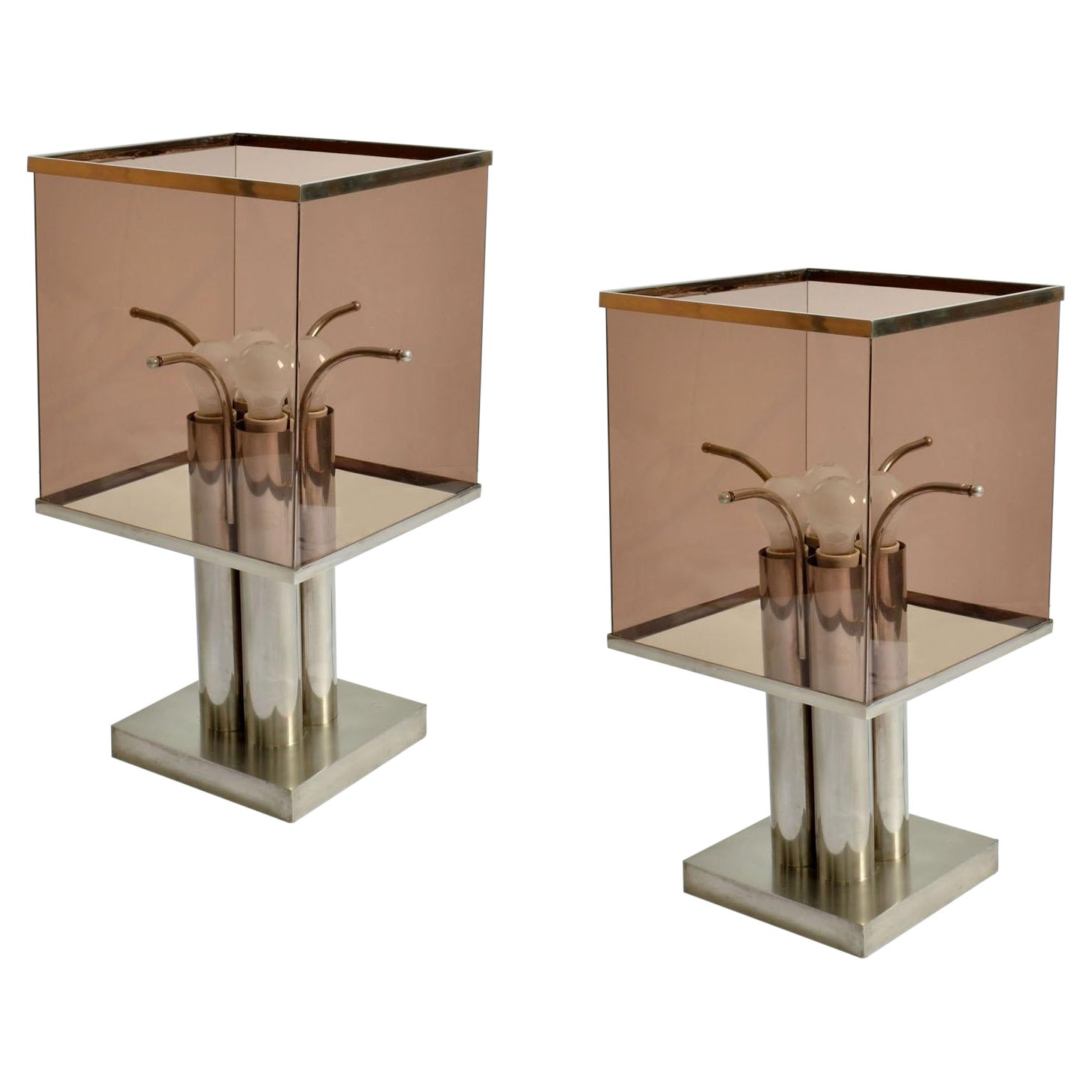 Pair of Minimalist Square Table Lamps Attributed to Romeo Rega For Sale