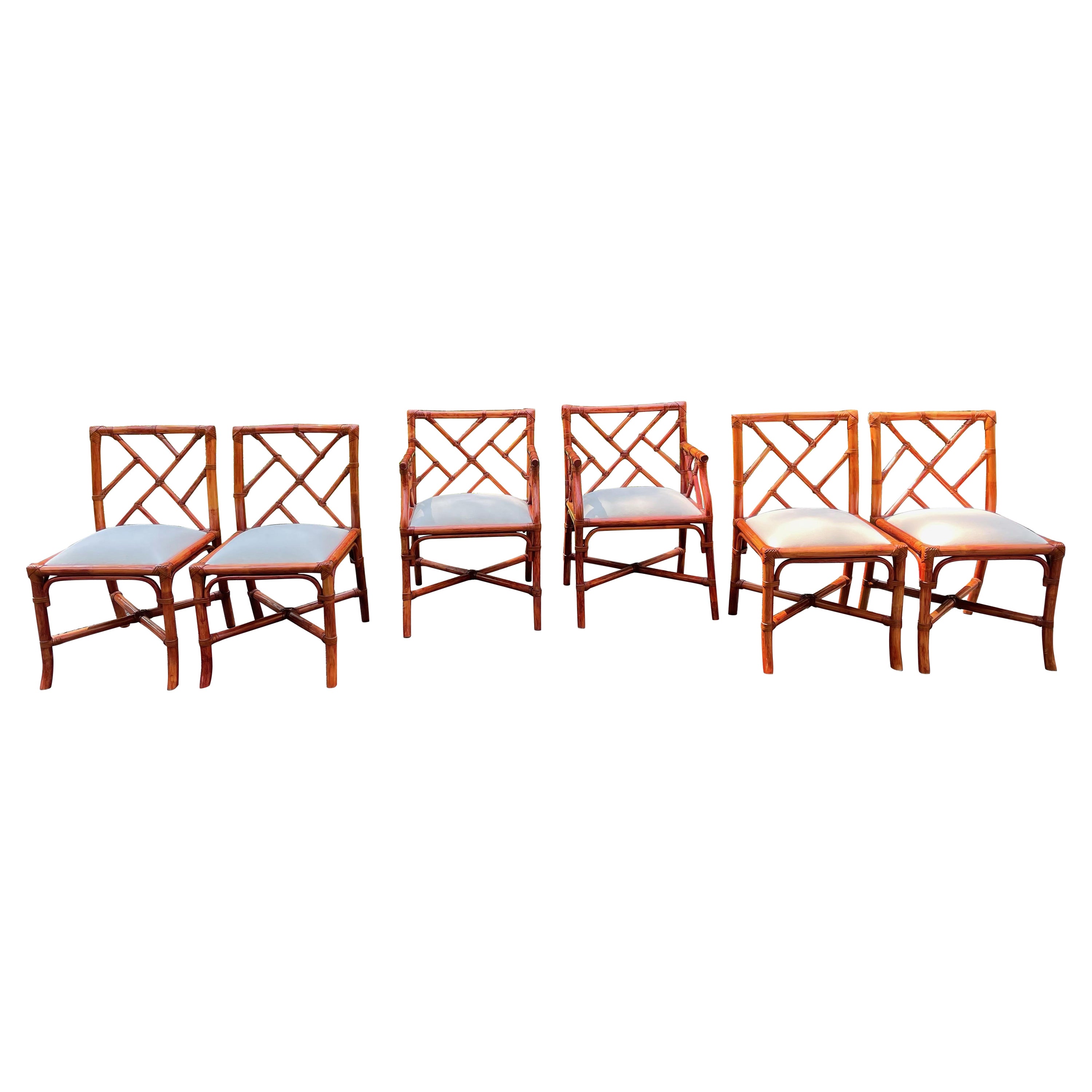 Set of Six Vintage Chinese Chippendale French Rattan Chairs