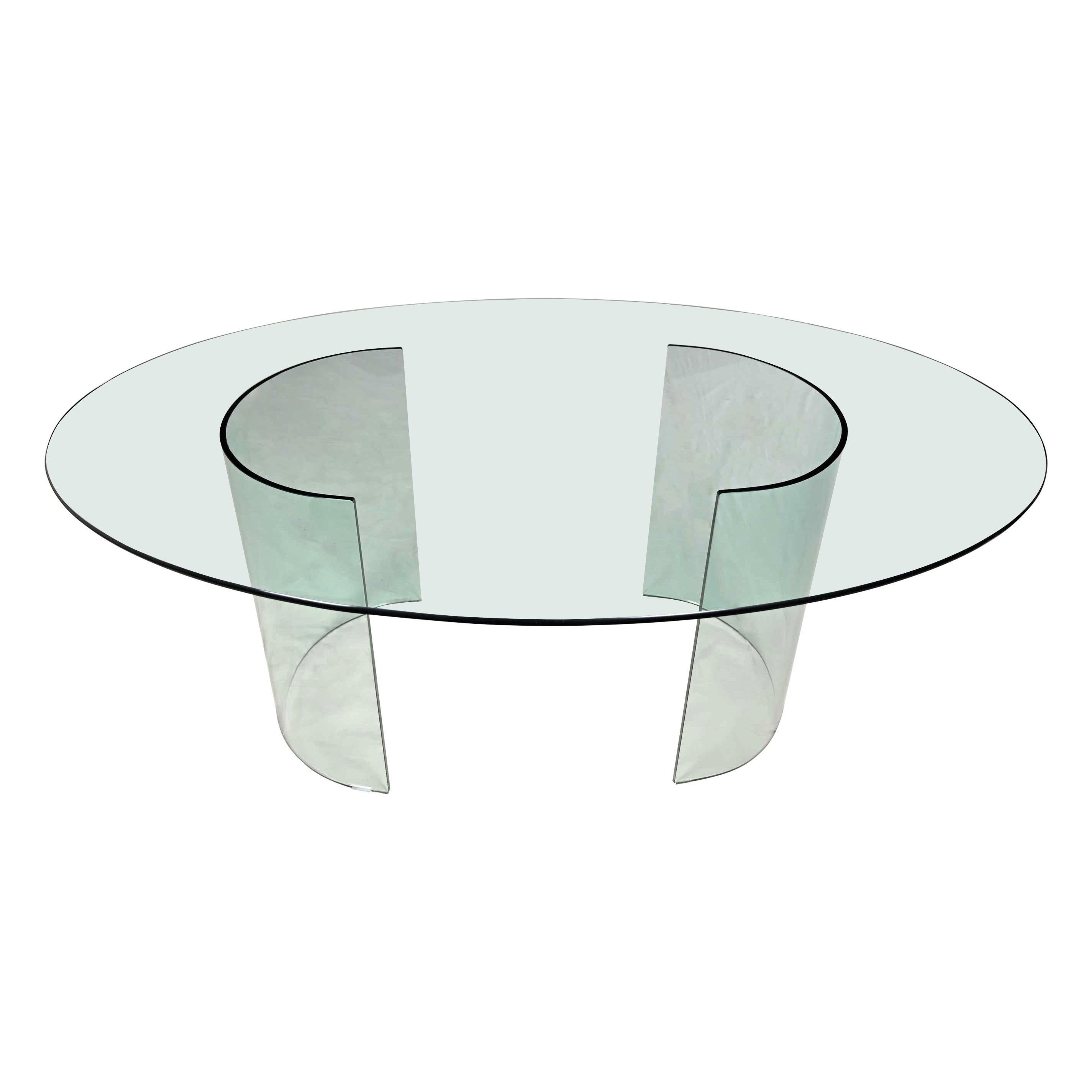 All Glass Modern Dining Table Semi-Circle Dual Pedestal Bases & Elliptical Top 