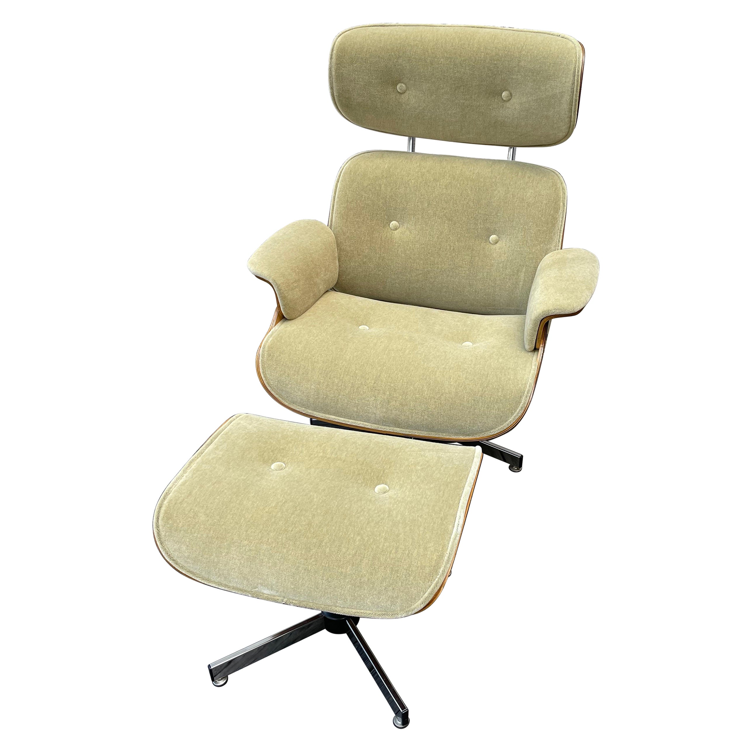 Mid Century Lounge Chair & Ottoman by Plycraft in Champagne Color Mohair Fabric