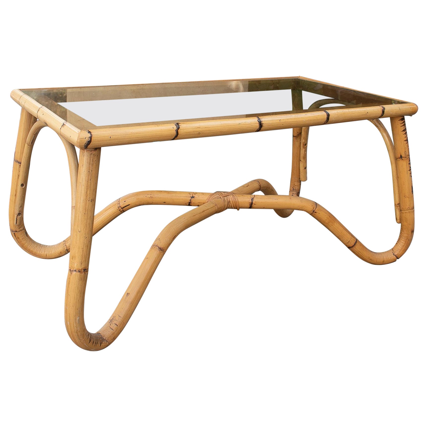 1970's Bamboo Coffee Table with Crsital For Sale