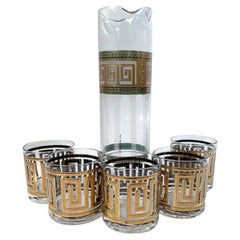 Vintage Set of 5 Mid-Century Culver Greek Key Lowball Old Fashioned Glasses with Pitcher