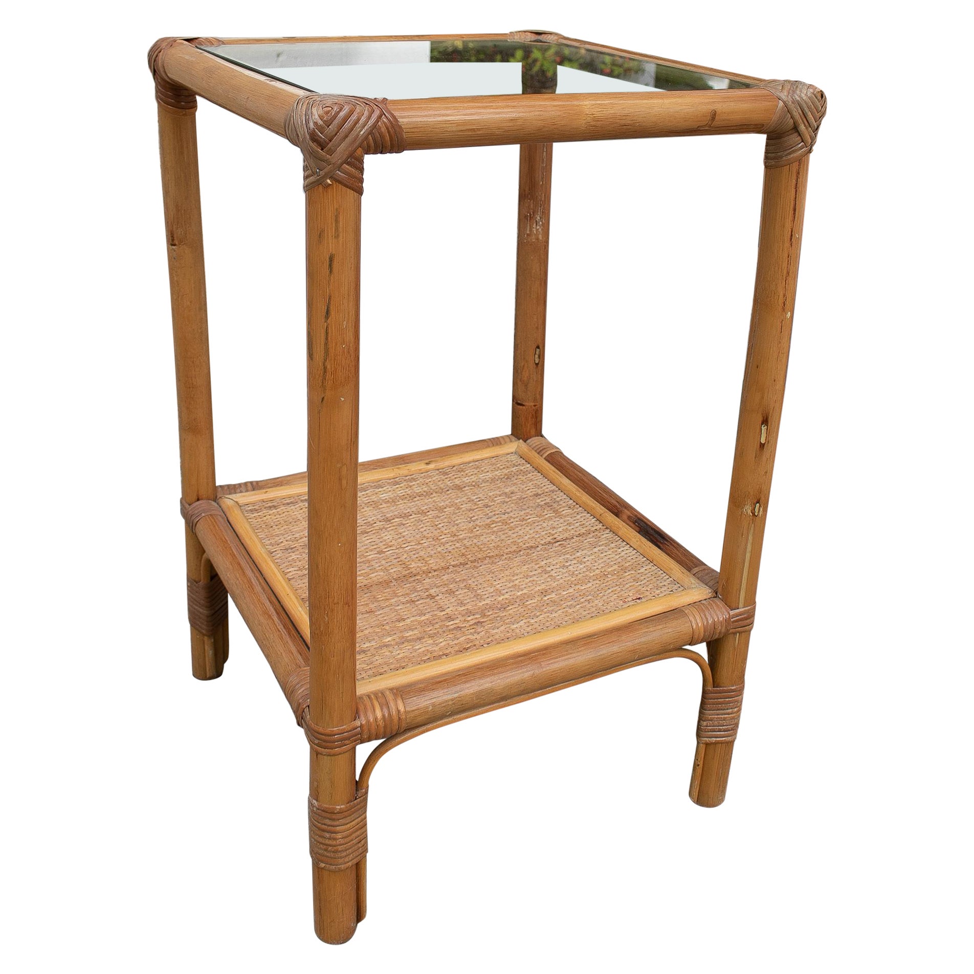 1980's Square Bamboo and Rattan Side Table For Sale
