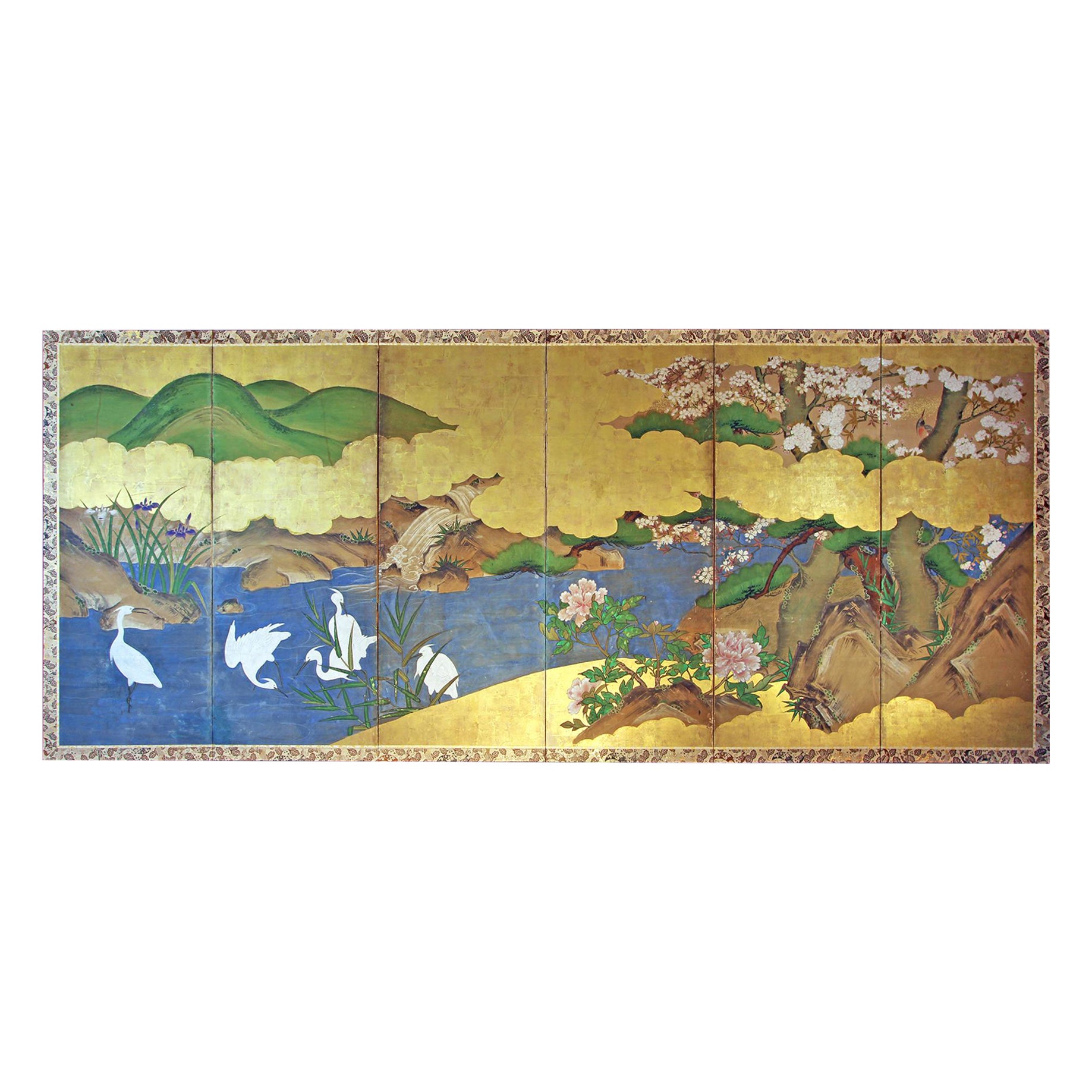 Edo Japanese Folding Screen, Six Panels of "Rinpa School"