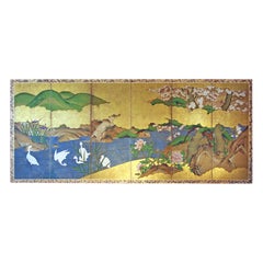 Used Edo Japanese Folding Screen, Six Panels of "Rinpa School"