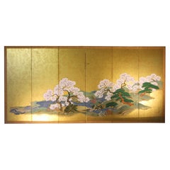 19th Century Japanese Landscape Rinpa School Folding Screen Six Panels Gold Left