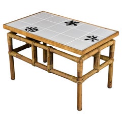 Vintage John Wisner for Ficks Reed Asian Modern Rattan Bamboo Tile Top Cocktail Table