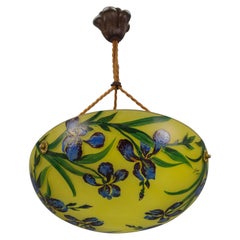 Art Nouveau Style Yellow Glass Pendant Light with Painted Blue Iris Flowers