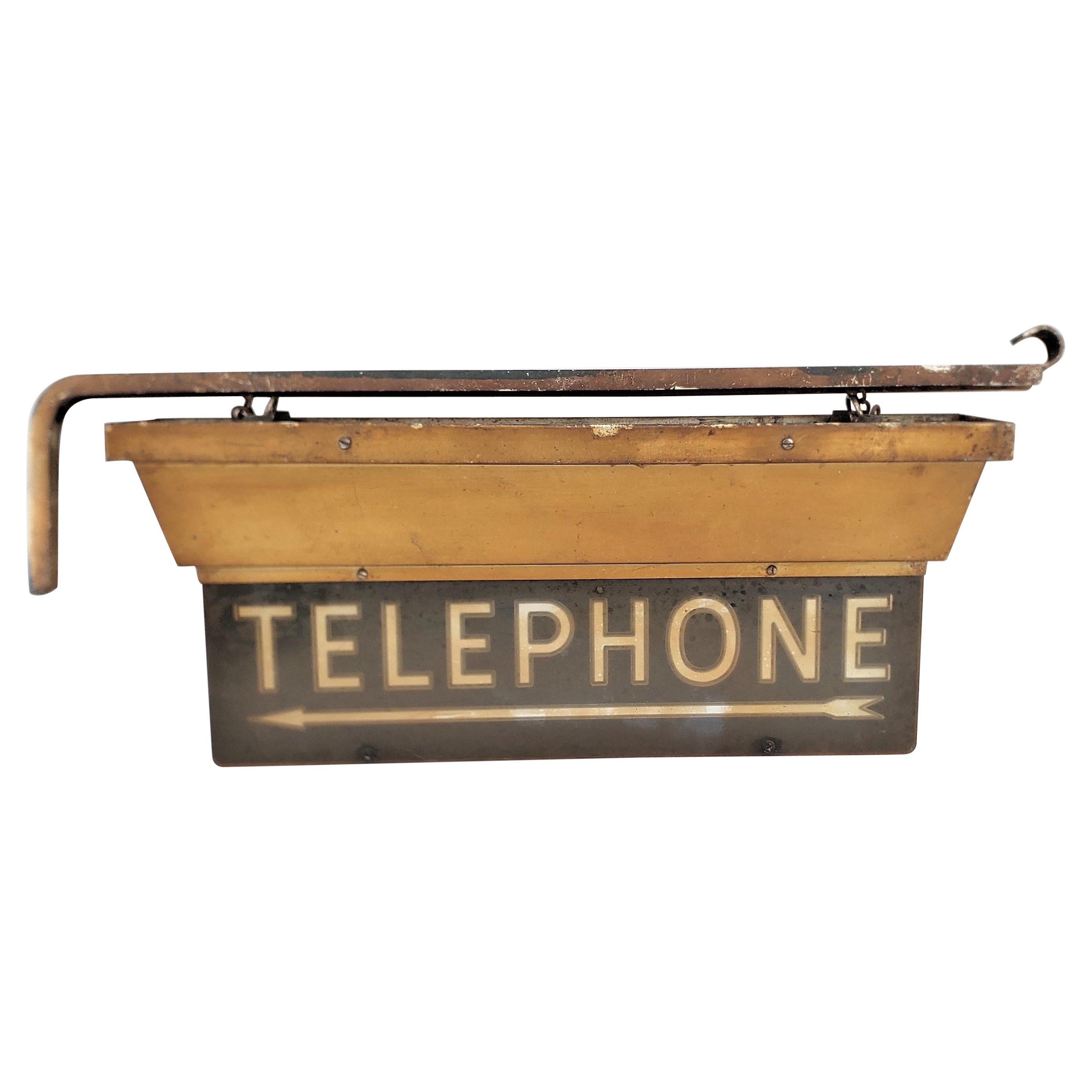 Salvaged Mid-Century Era Commercial Lighted Telephone Direction Sign & Bracket