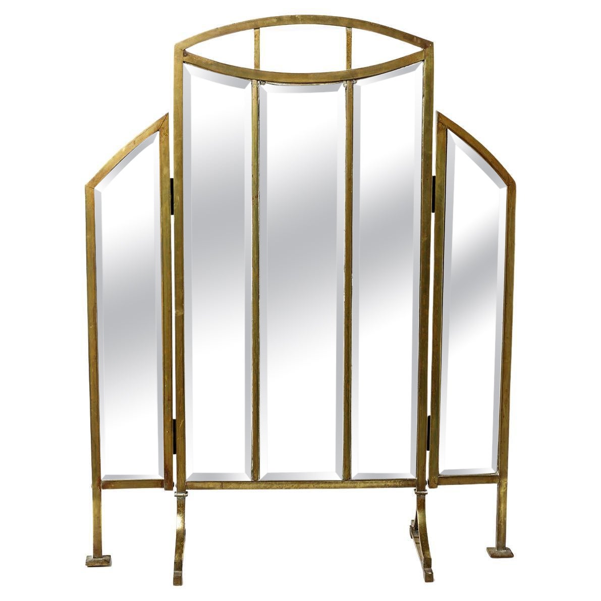 1900 French Art Deco Golden Brass and Glass Fire Screen for Fireplace