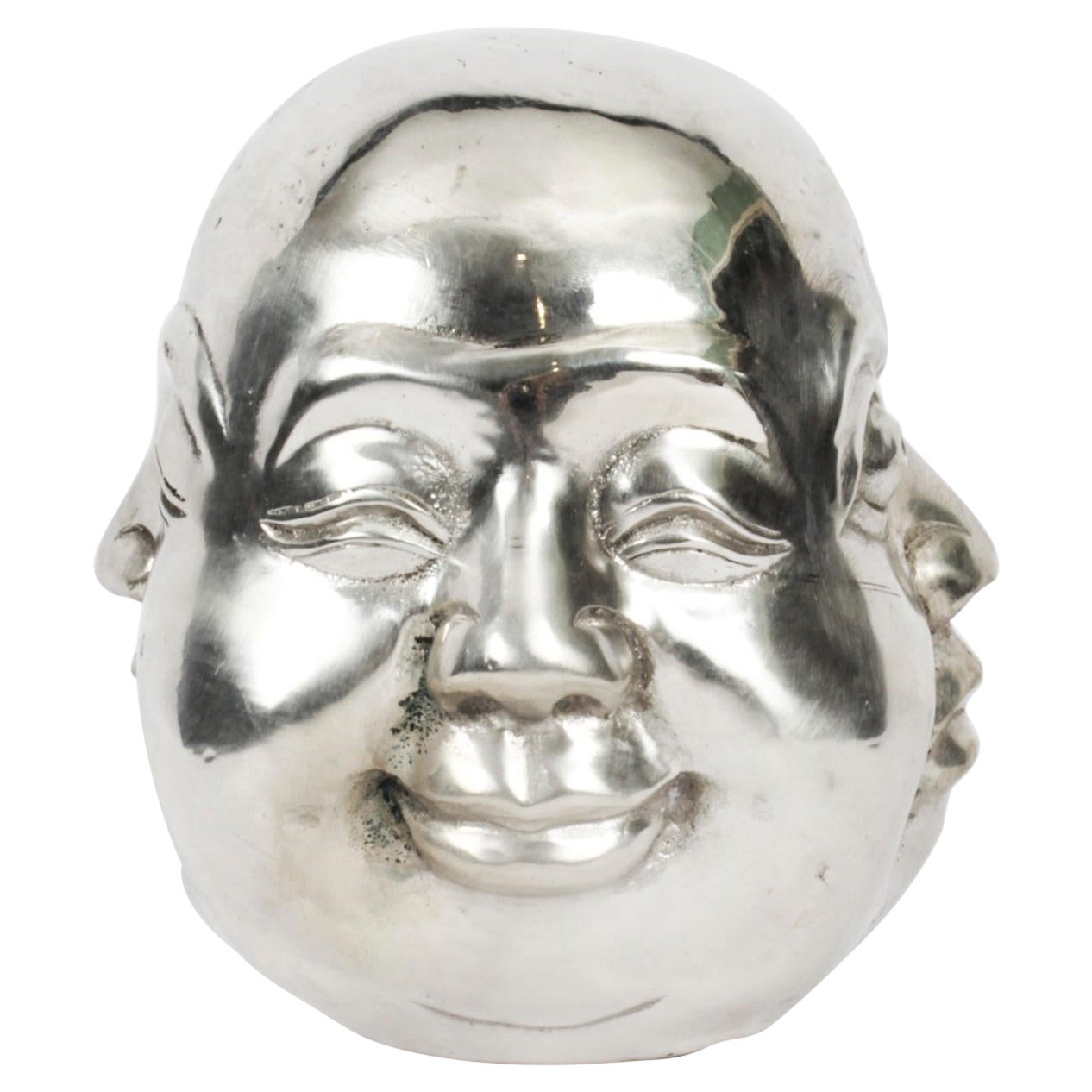 Scultura indù vintage in bronzo placcato argento a quattro facce di Buddha Brahma del 20° secolo