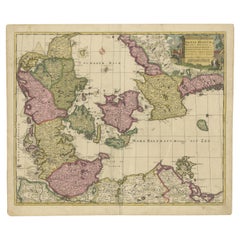 Carte du Danemark du début du XVIIIe siècle en coloration ancienne, publiée en 1706