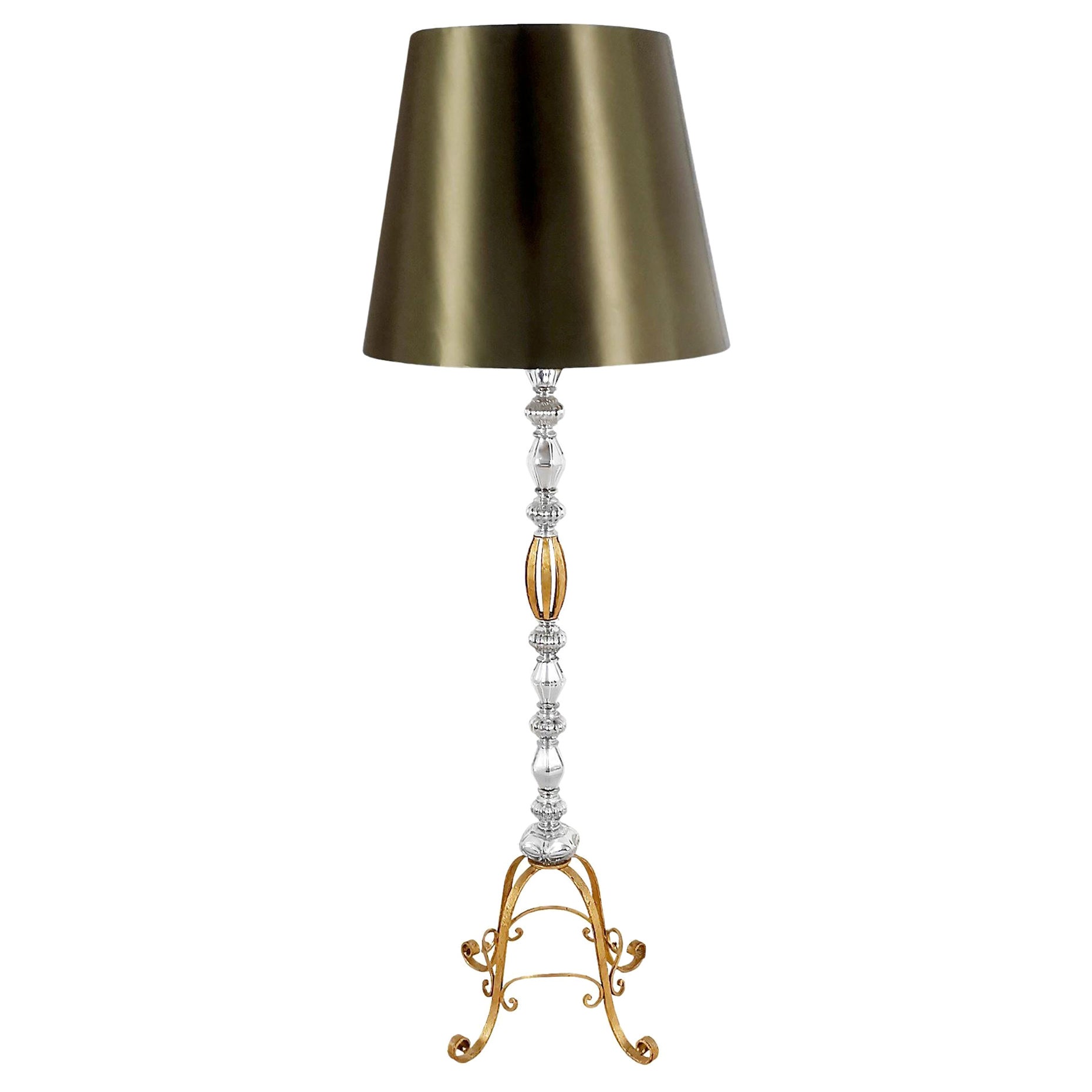 1940's Standing Lamp, Golden Wrought Iron, Blown Glass, Brass, France 