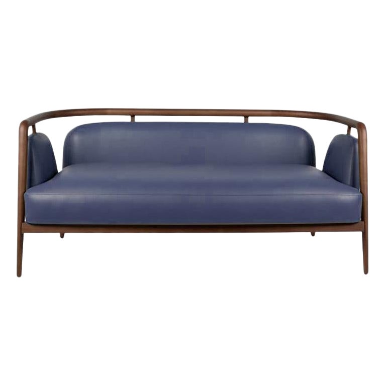 Walnut, Blue Leather Modern Essex Sofa For Sale at 1stDibs