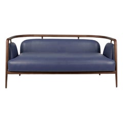 Walnut, Blue Leather Modern Essex Sofa