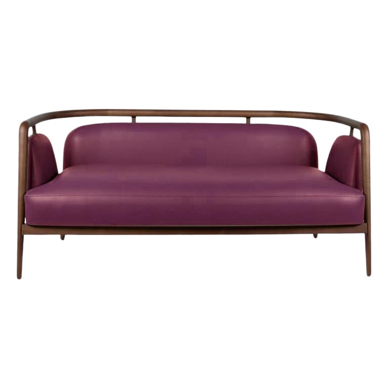 Walnut, Purple Leather Modern Essex Sofa For Sale