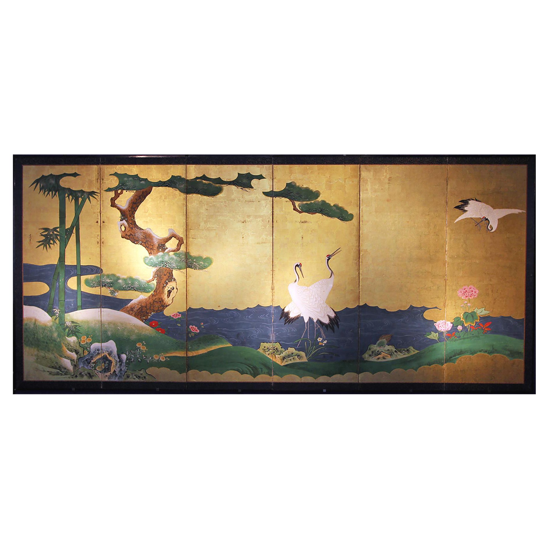 Kano School Japanese Folding Screen Six Panels Painted on Gold Leaf