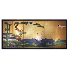 Used Kano School Japanese Folding Screen Six Panels Painted on Gold Leaf