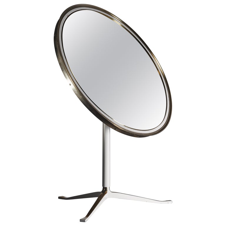 Vanity Mirror Germany 1950s, White Round Table Top Mirror