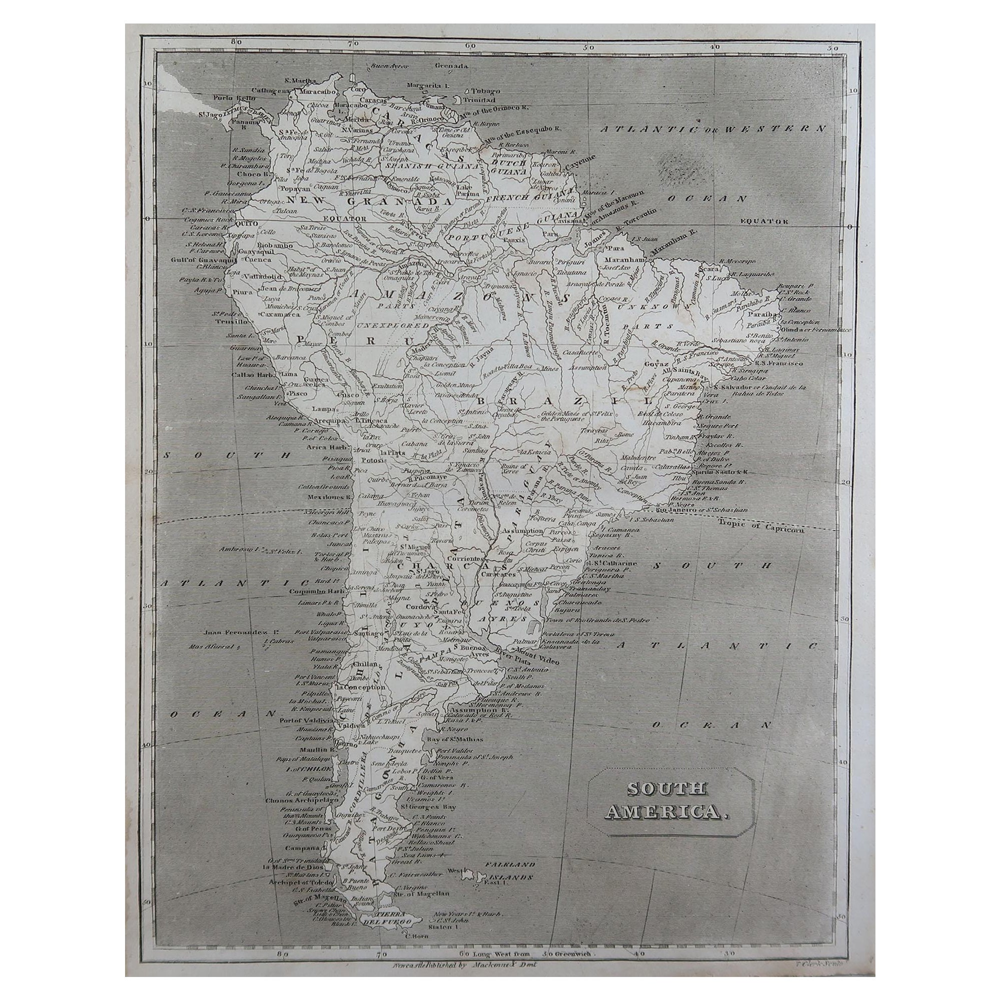 Carte originale et ancienne d'Amérique du Sud par Thomas Clerk, 1817