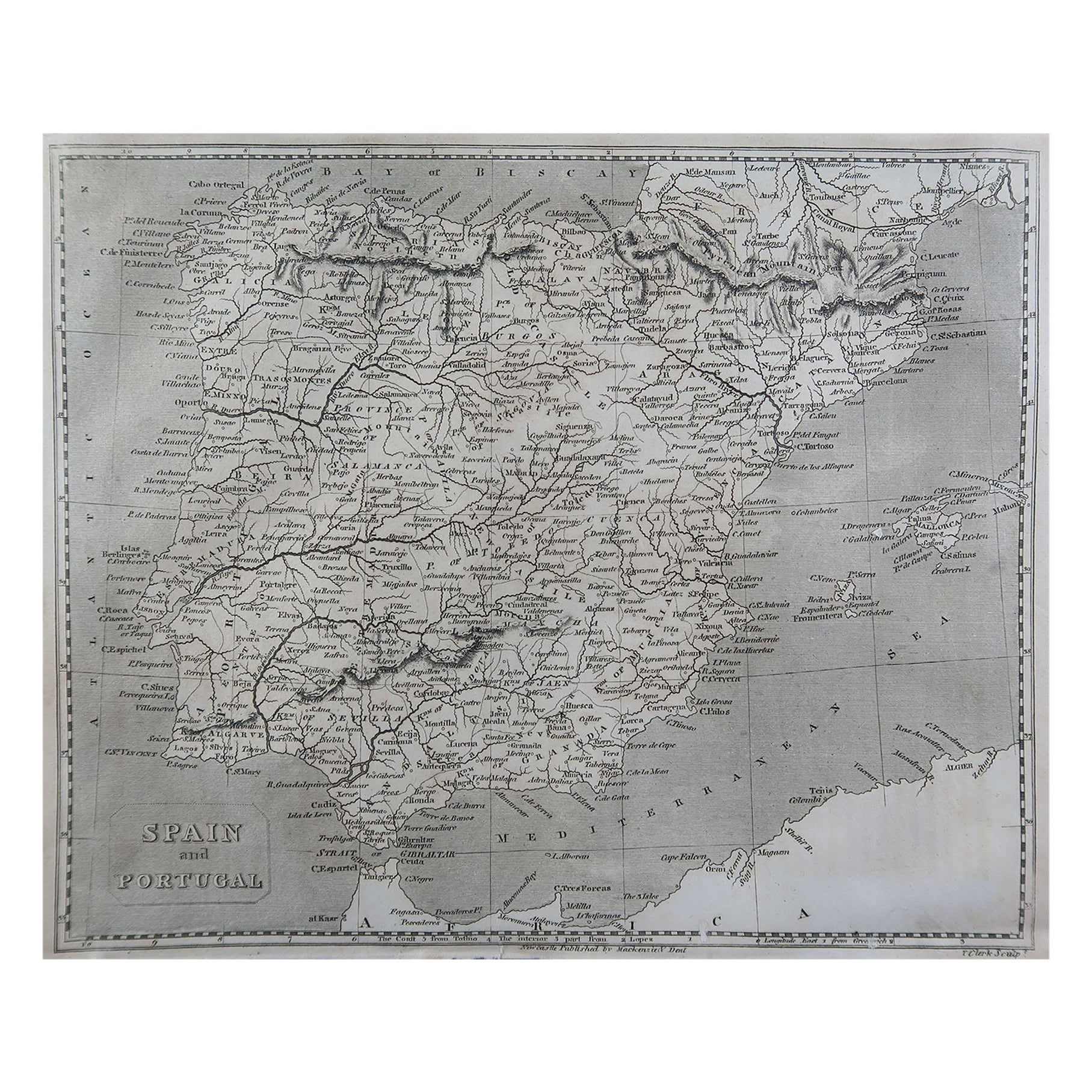 Carte ancienne originale d'Espagne et du Portugal par Thomas Clerk, 1817 en vente