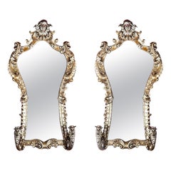Pair 19th C. French Rococo Style Silver Gilt Mirrors with Two Candlestick Arms