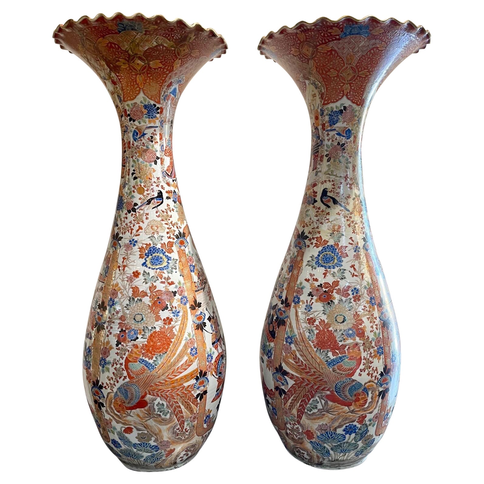 Pair of Palace Size Japanese Imari Porcelain Vases
