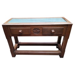 English Arts & Crafts Oak Hall Table with Carved Decoration & Blue Marble Top