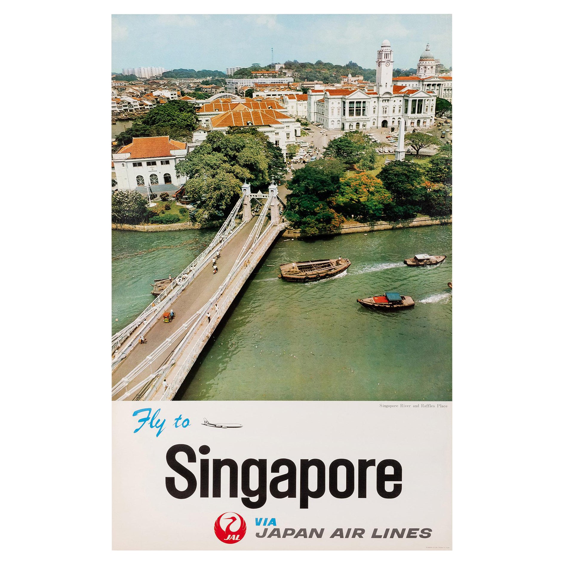 Cartel antiguo de Japan Air Lines con el río Singapur y Raffles, ca.1960