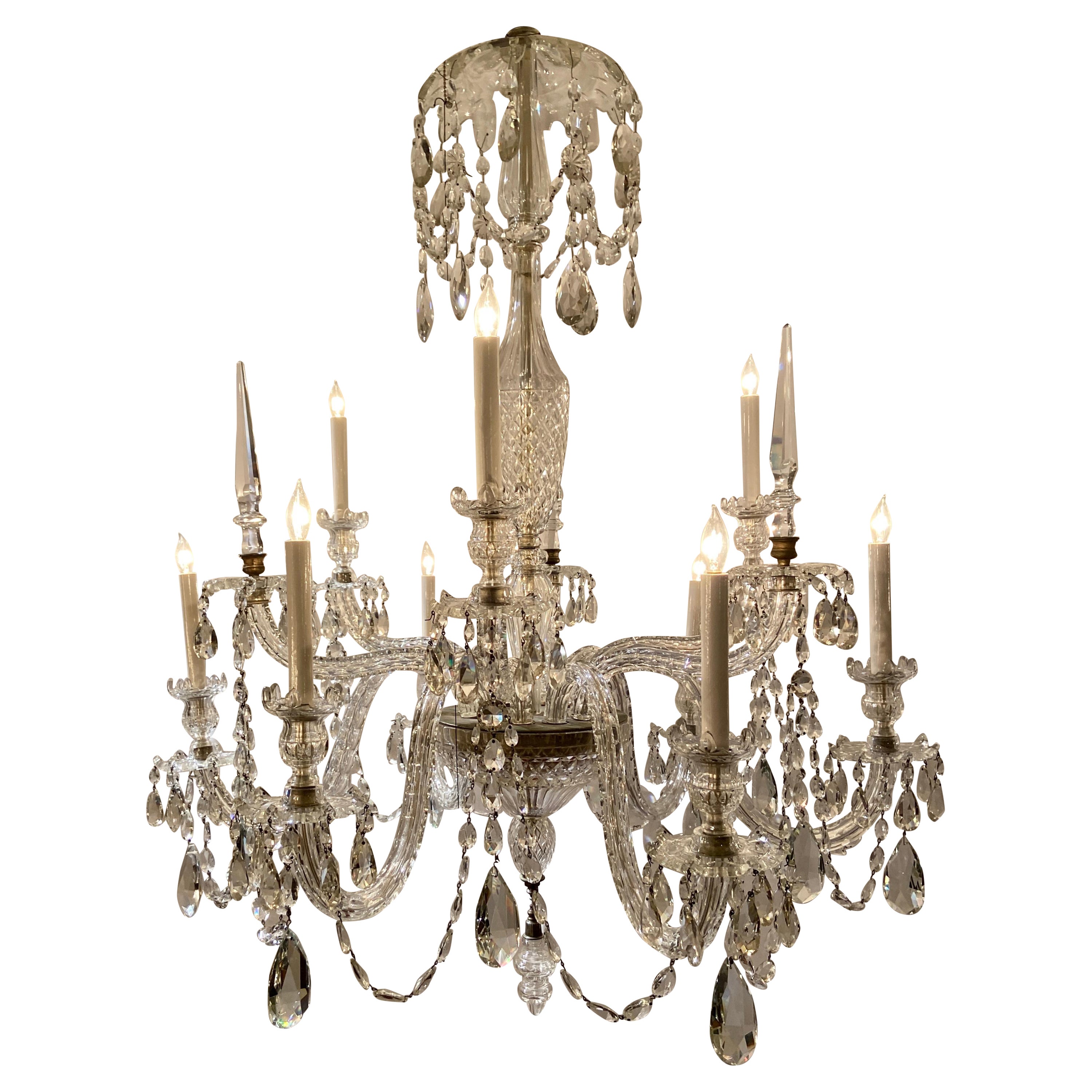 Antique Irish Lead Crystal Two-Tier 9-Light Chandelier, Circa 1890-1910. For Sale