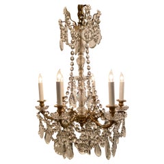 Antique French Baccarat Crystal and Gold Bronze 6-Light Chandelier, Circa 1890