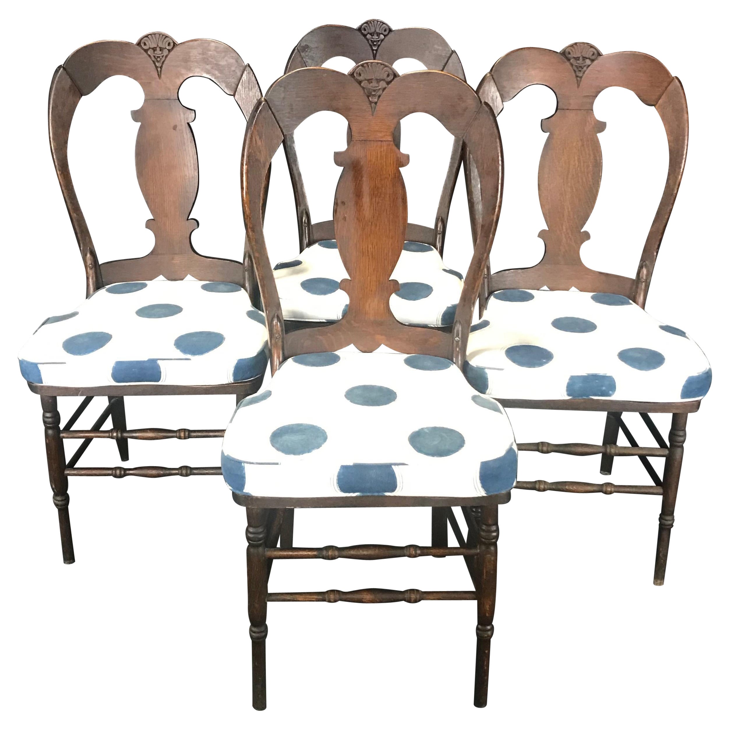 Beautiful Set of Four 19th C Renaissance Style Figural Carved Oak Dining Chairs