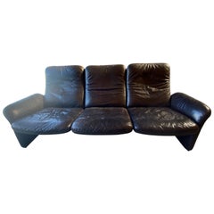 Vintage Black Leather Scalloped High-Back De Sede Sofa & Loveseat