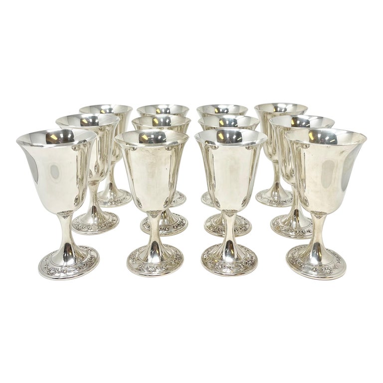 Set of 12 Estate American Sterling Silver "Gorham" Wine Goblets, circa 1950's For Sale