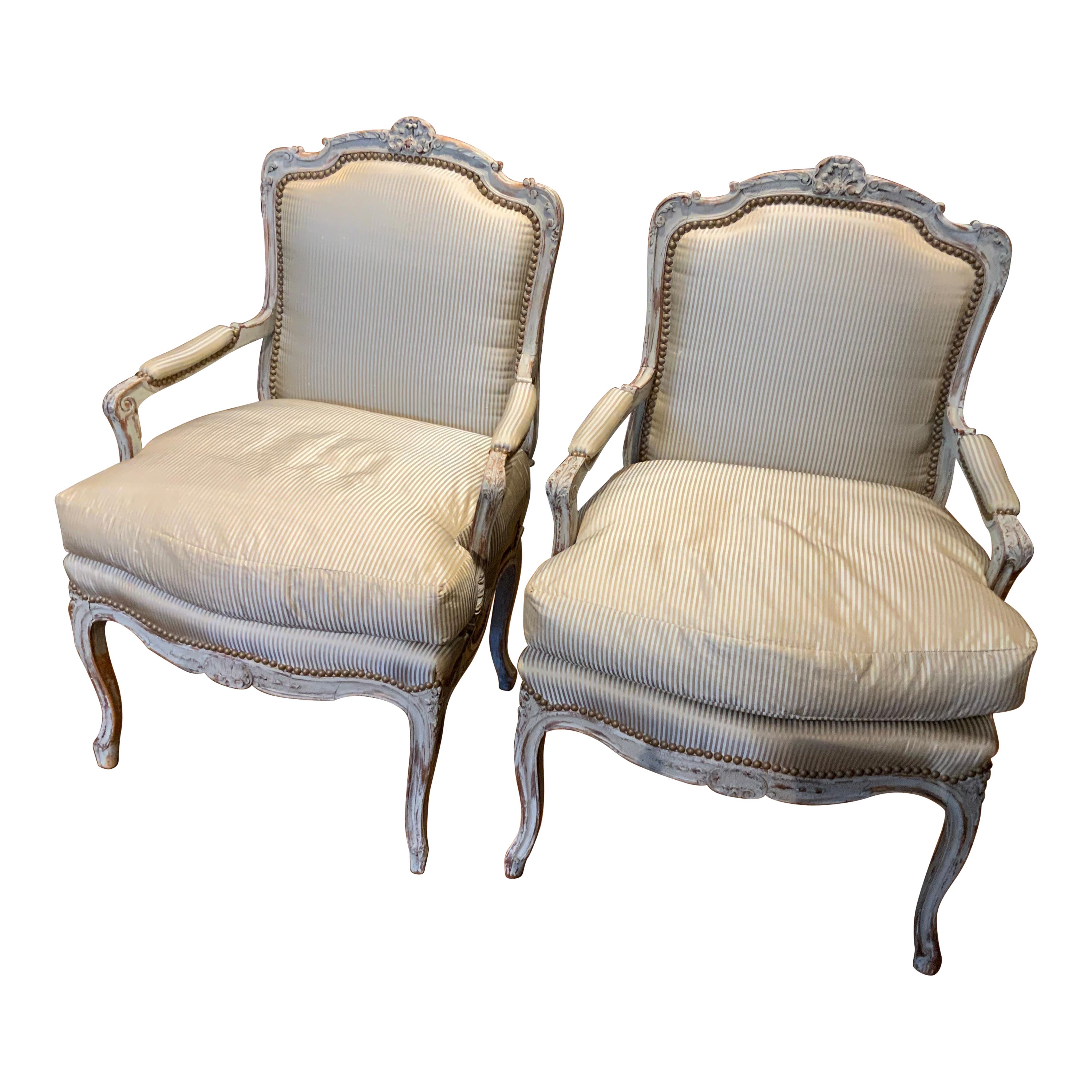 Pair of Louis XV Style Arm Chairs/Fauteuils in Painted Finish with Silk Fabric