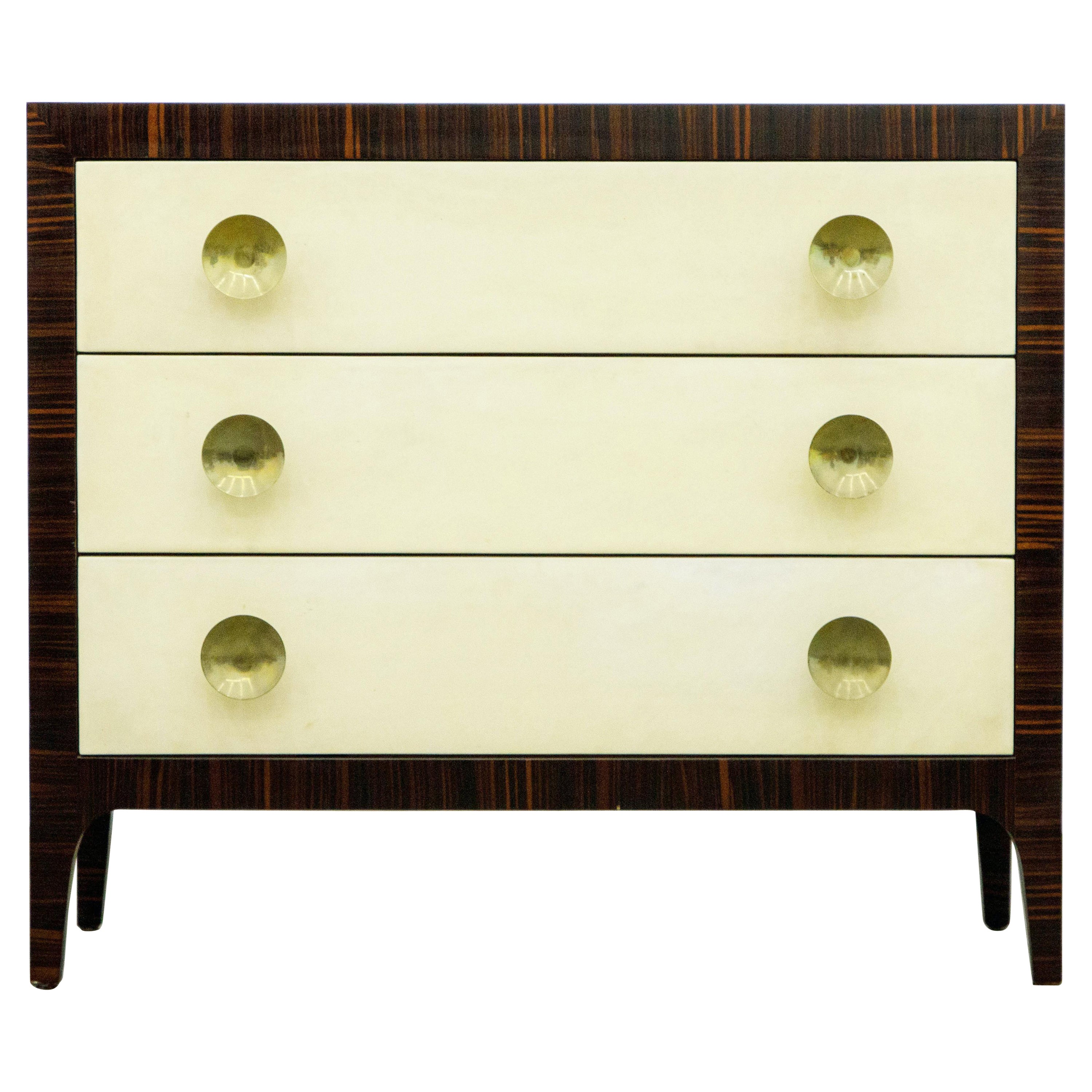 Macassar Ebony, Brass and Parchment Deco Styled Chest of Drawers, circa 1970s