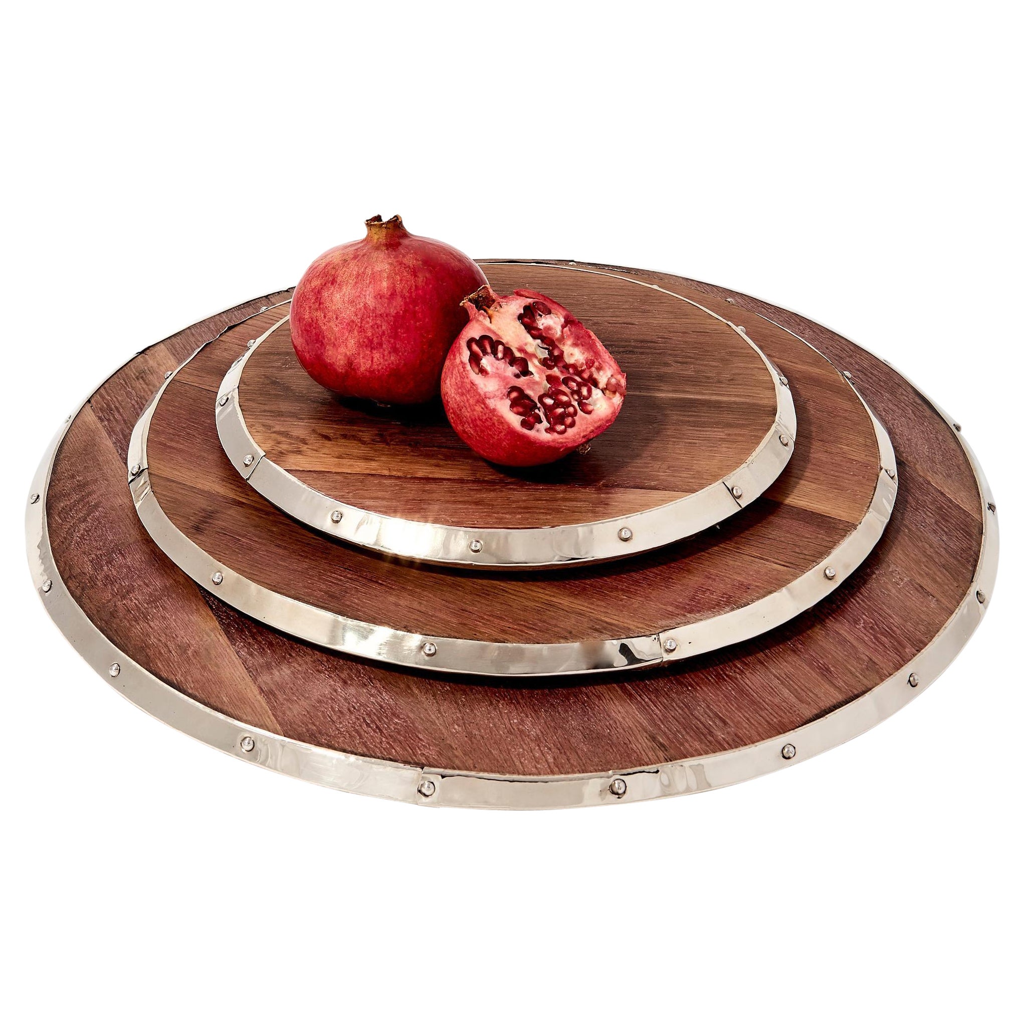 Mendoza Round Medium Tray, Recycled Barrel Wood & Alpaca Silver For Sale