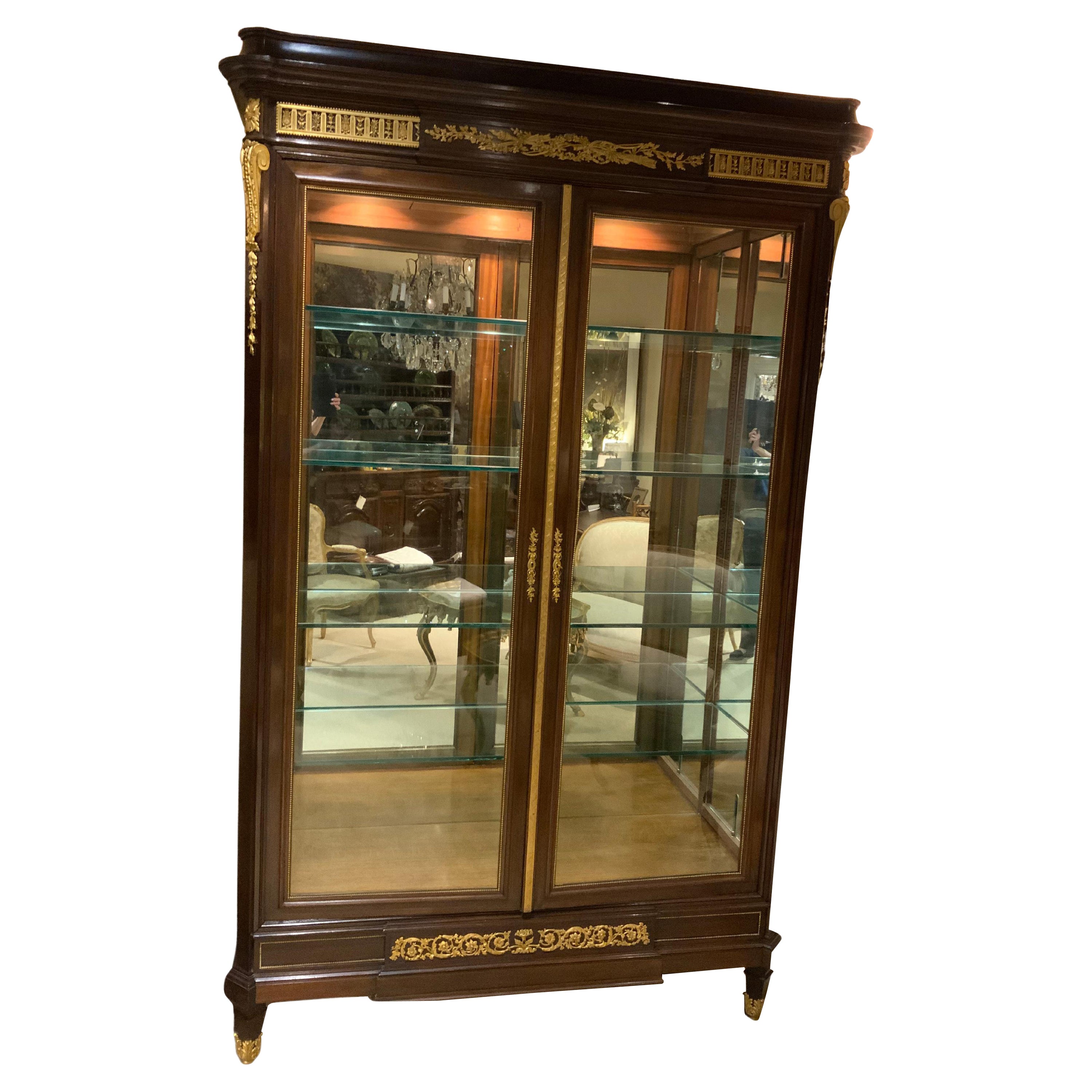 Large 19th C. Mahogany Display Cabinet Lighted, Mirror Back, Louis XVI-Style For Sale