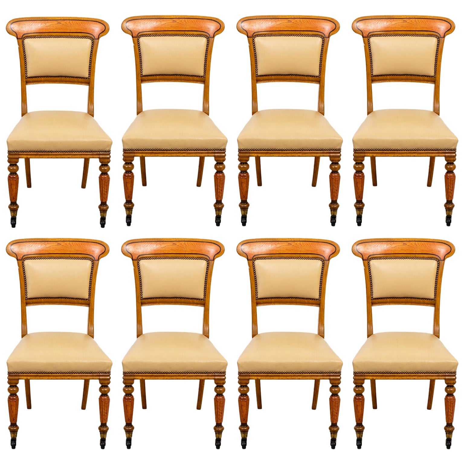 Set of Eight Dining Chairs in Leather with Nailhead Trim from John Rosselli