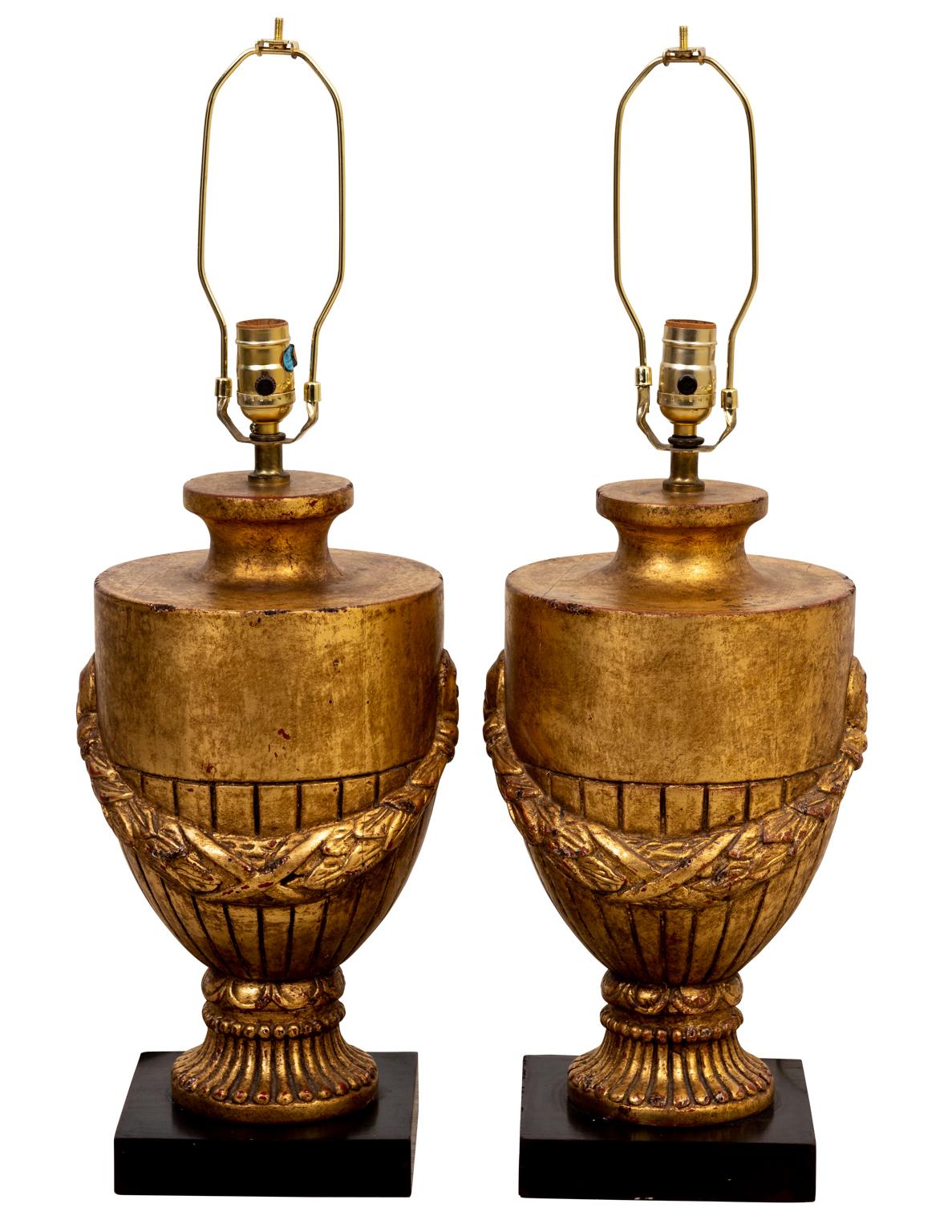 Hollywood Regency Carved Urn Form Gilt Pair of Lamps