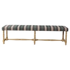 Oak Bench Upholstered in a Vintage Wool Striped Turkish Kilim